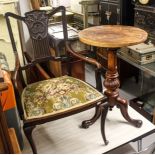 An Antique mahogany tripod table, and an Edwardian mahogany elbow chair (2)