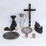 Various collectables, including silver plated claret jug, Japanese pewter dish, crucifix, resin