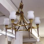 A French brass 6-branch hanging chandelier and glass shades