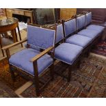 A set of 9 Jacobean style oak dining chairs, with ribboned blue upholstery, and carved stretcher (