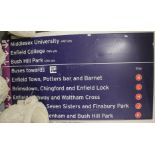 An enamelled bus sign for Enfield Town, Brimsdown, Edmonton, Tottenham and Bush Hill Park etc
