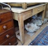 A Vintage plank-top pine kitchen table, with single frieze drawer, on H-shaped stretcher, W130cm