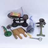 Various kitchenalia, including scales, grinder etc