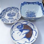Chinese blue and white dish with basket of flowers design and 6 character mark, 26.5cm, Oriental