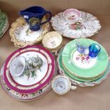 Victorian plates with painted floral decoration, cabinet cups, jug, Mossware teapot and pot etc