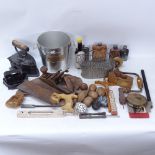 Various collectables, including leather-covered hip flasks, copper printing block, hardwood eggs,