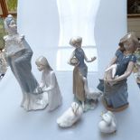 A Lladro Goose Girl, 24cm, a Lladro Child in Nightgown, and 4 NAO figures