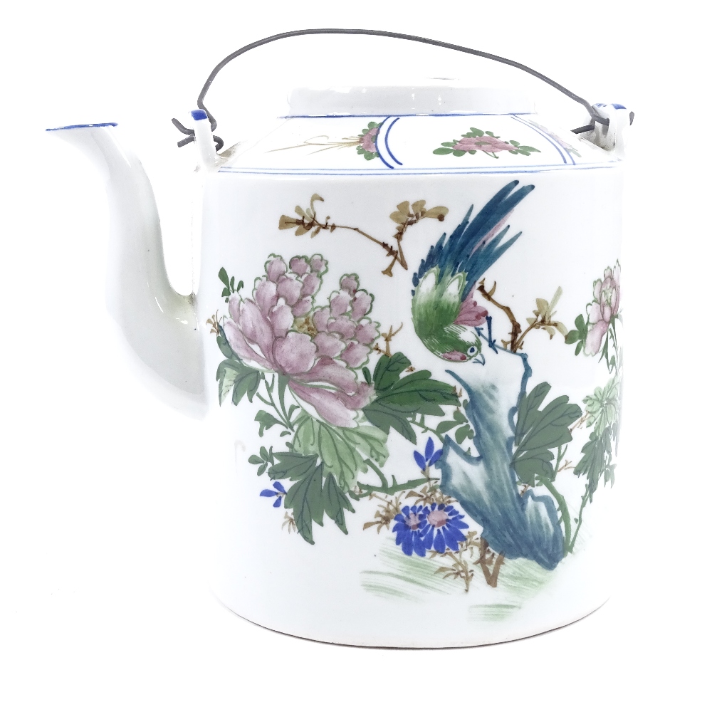 A large Chinese porcelain teapot, hand painted decoration and wire handles, height 24cm, modern - Image 2 of 5