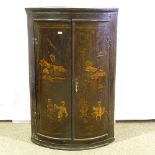 A Georgian chinoiserie gilded and lacquered bow-front corner cupboard, height 90cm