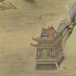 Chinese School, watercolour, mountain scene with temple, signed and inscribed, 41" x 14", framed