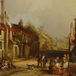 Late 19th/early 20th century oil on canvas, village street scene, unsigned, 24" x 36", framed