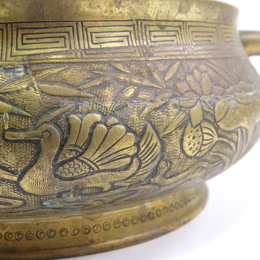 Antique Chinese polished bronze 2-handled incense burner, relief cast duck and lily decorated - Image 7 of 7