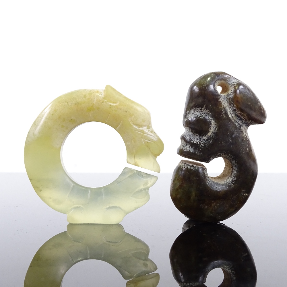 2 Chinese relief carved jade pendants, length 6cm