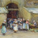 Evert Moll, watercolour, the market hall Concarneau, signed with old label verso, 8.5" x 7", framed