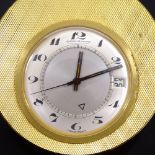 JAEGER LECOULTRE - a Vintage gold plated travelling alarm clock timepiece, silvered dial with