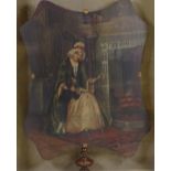 19th century oil on shaped wooden panel, probably originally from a pole screen, depicting woman and