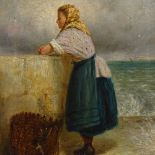 19th century English School, oil on canvas, fisherwoman at the harbour wall, signed with monogram