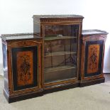 A Victorian walnut and ebonised breakfront cabinet, with marquetry inlay, brass gallery and