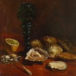 French School, late 19th/early 20th century oil on wood panel, still life oysters, indistinctly