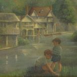 Oil on board, children on a river bank, unsigned, early 20th century, 11" x 15", framed Good