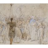 19th century pencil and watercolour sketch, a crowd of figures, unsigned, 8" x 14", framed Several