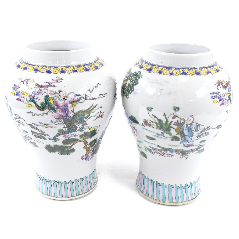 A pair of Chinese porcelain baluster vases, hand painted enamel decoration, 6 character marks, - Image 3 of 5