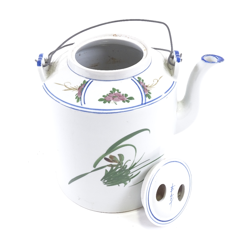 A large Chinese porcelain teapot, hand painted decoration and wire handles, height 24cm, modern - Image 3 of 5