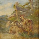 19th century oil on board, sheep and goat by a fence, indistinctly signed, 12" x 9", framed Would