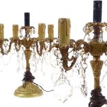 A pair of gilt-brass 4-branch table lamps, early 20th century with cut-glass lustre drops, height to