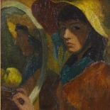 Oil on board, portrait of woman by a mirror, 19" x 15", framed Slightly dirty, no sign of