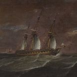 19th century oil on wood panel, shipping in a storm, unsigned, 10.5" x 20", framed Split in the