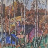 Mid-20th century coloured pastels on paper, expressionist landscape, signed with monogram JV,