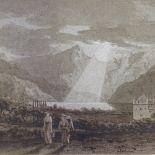 Manner of J M W Turner, 19th century sepia watercolour, travellers in a landscape Lausanne,