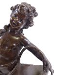 A bronze figure of a girl, on green marble base, height 28cm. Surface scratches to coating, some