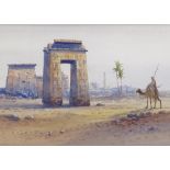 Douglas Pinder, watercolour, camel rider near Egyptian temple ruins, signed, 7.5" x 14.5", framed