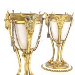 A pair of 19th century white marble and ormolu urns, with ram's head mounts, height 20cm