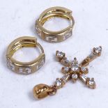 A pair of 2-colour 9ct gold hoop earrings, and a 9ct gold and CZ cross pendant, 3.2g