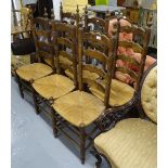 A set of 6 oak ladder-back and rush-seated dining chairs