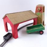 Various Vintage painted wood farmyard toy buildings, train set track etc (2 boxes)