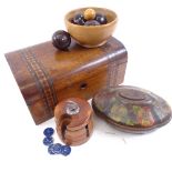 A Vintage lithographed tin Rowntree Sweet box, set of turned wood carpet bowls, walnut dome-top box,