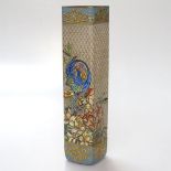 An Art Nouveau square section opaque glass vase, with painted enamel peacock and floral designs,