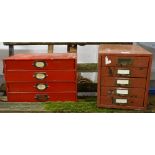 A small Vintage painted metal 5-drawer filing cabinet, and a red painted wood 4-drawer filing