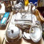 Victorian silver plated embossed coffee pot, spirit kettle on stand, a Mappin & Webb tureen and