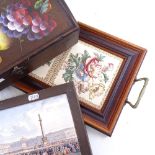 A reproduction tile inset tea tray, modern dome-top box, and a framed lithographed ceramic panel (3)