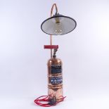 A Vintage French copper Pulverisateur Muratoia garden sprayer converted to a table lamp, with modern