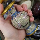 Various hardstone eggs, cloisonne vases etc