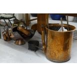 A Victorian copper kettle, a hot water bottle, brass coal bin, skillet etc
