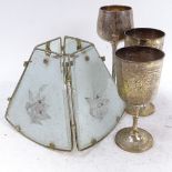 2 sets of 6 engraved plated goblets, lanterns etc