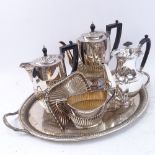 An Elkington silver plated table centre, plate oval 2-handled tray, coffee pots etc