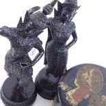 A Japanese black lacquer papier mache box, and a pair of resin Thai dancing figures, box height 14cm